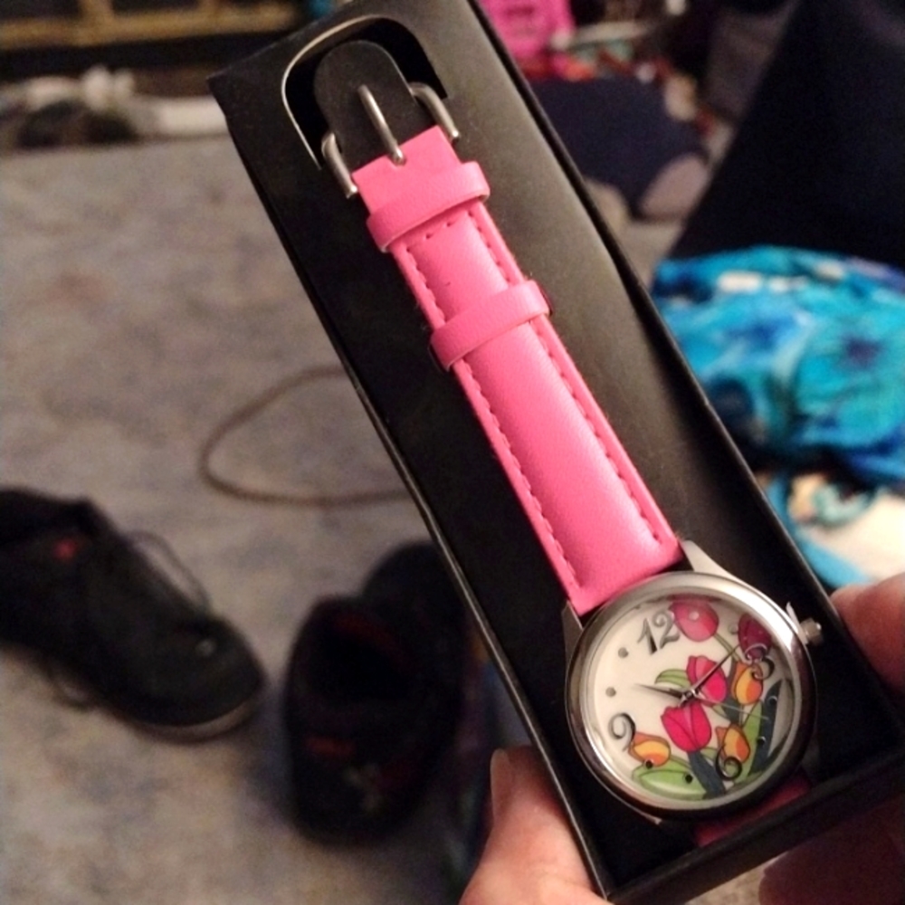 Pink band with floral design ladies watch